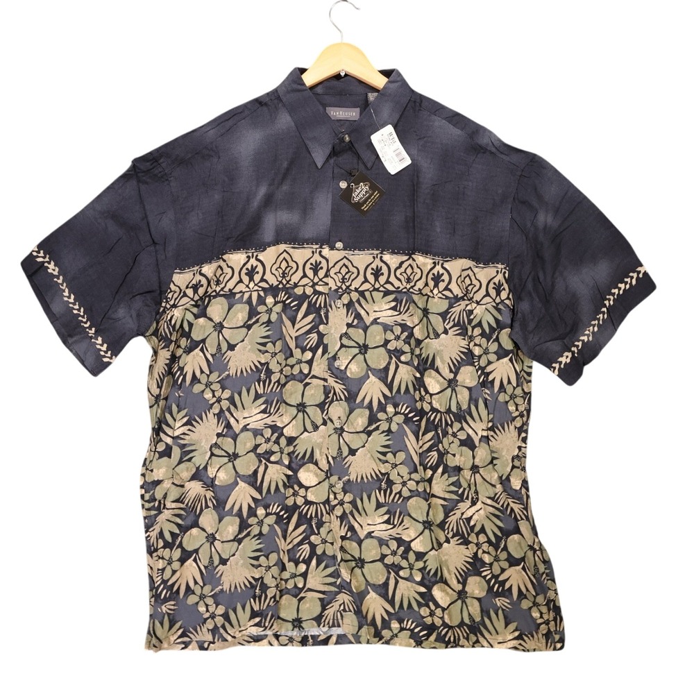 Van Heusen Button Up Shirt Mens XL Blue‎ New Tropical Floral Rayon Vintage